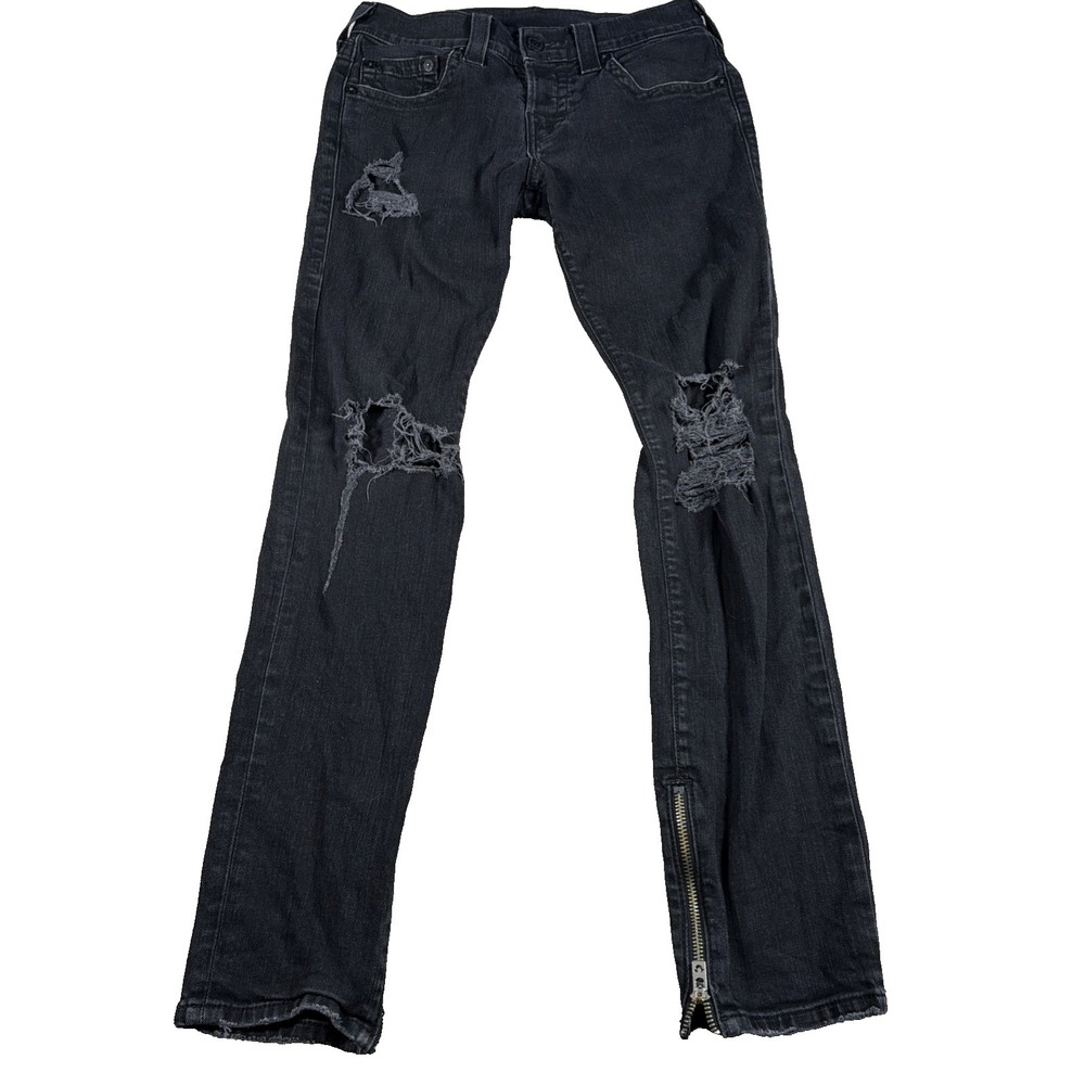 True Religion Womens Rocco Relaxed Skinny Black Jeans 28 (FITS 30 X 31) Distress